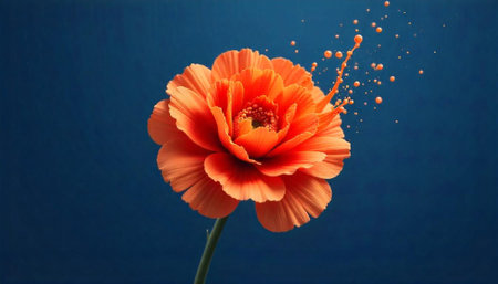 Elegant orange flower with paint splash on blue backdrop