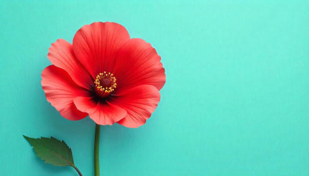 Vibrant poppy flower on a solid teal backgroundの写真素材