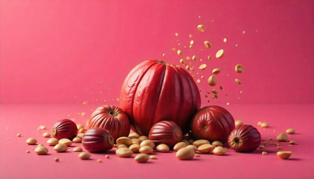Red Cocoa Pods and Beans on Pink Background