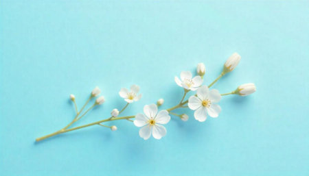 White Cherry Blossom Branch on Pastel Blue Background