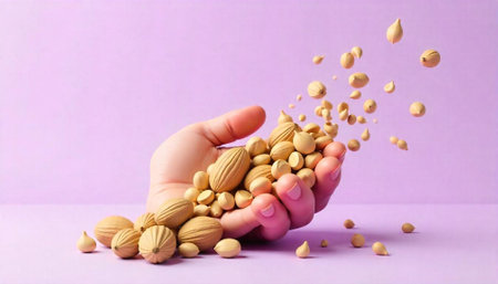 Hand holding and releasing decorative seeds on purple background