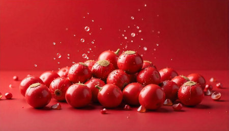 Pile of red tomatoes with water droplets on red background