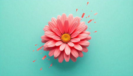 Pink gerbera daisy with abstract coral elements on tealの写真素材
