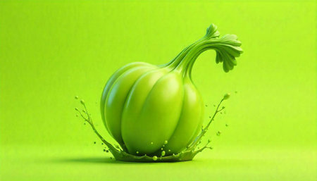 Green stylized fruit with splash on a solid backgroundの写真素材
