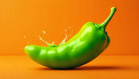 Bright green bell pepper with splash on orange backgroundの写真素材
