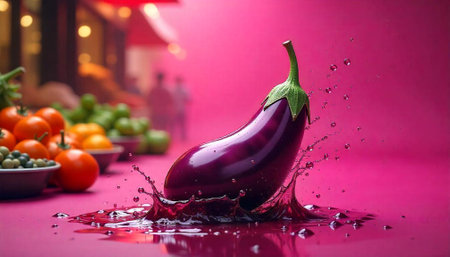 Vibrant splash featuring an eggplant with fruit in backgroundの写真素材