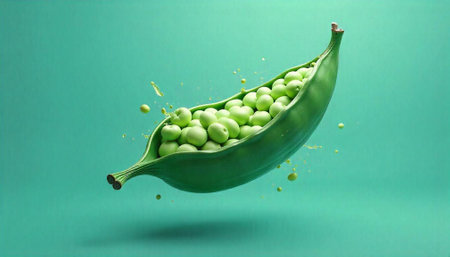 Fresh green peas bursting from pod against vibrant backgroundの写真素材
