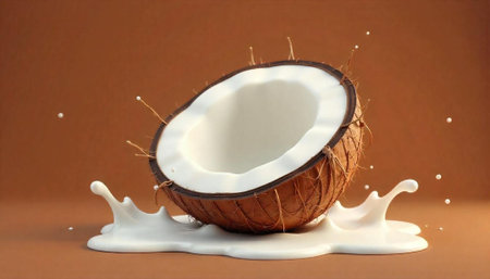 Coconut half with milk splash on neutral background sceneの写真素材