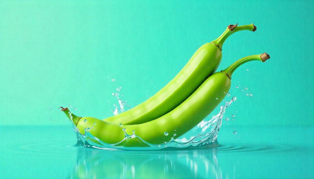 Fresh green bananas splash in water with light turquoise backgroundの写真素材