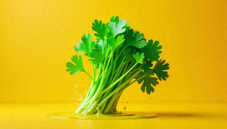Fresh cilantro bunch in water on yellow background illustrationの写真素材