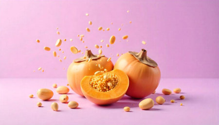 Vibrant still life with pumpkins and seeds on pink backdrop
