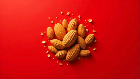 Almonds and almond pieces in an eye-level centered shotの写真素材