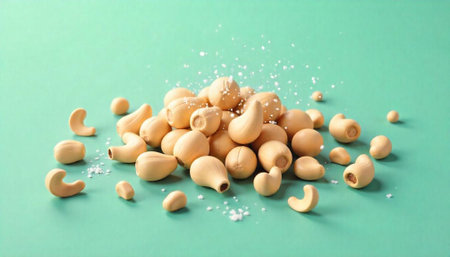 Pile of cashews with salt crystals on green backgroundの写真素材