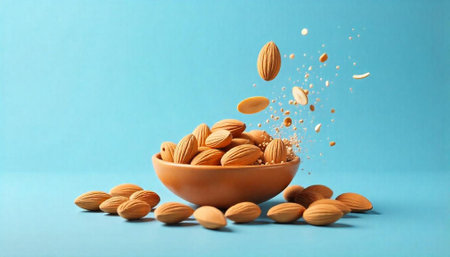 Almonds falling into bowl against light blue backdrop scene