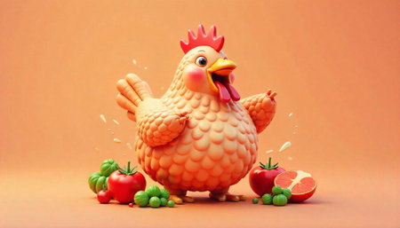 Cartoon chicken with produce against a peach background