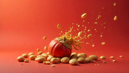 Tomato with Splash of Golden Liquid and Seeds Still Life
