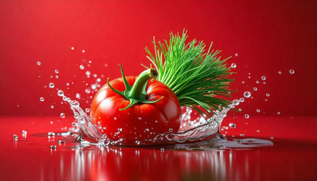Fresh tomato with water splash on a vibrant backgroundの写真素材