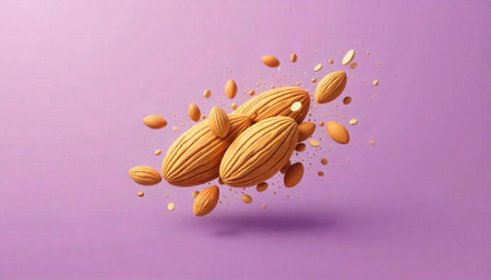Floating almonds and almond pieces against a violet background