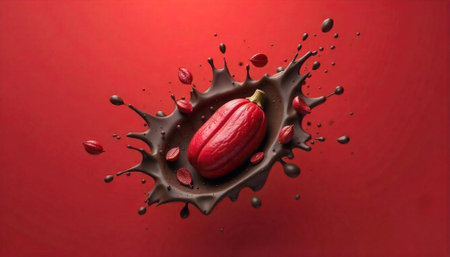 Cacao Pod Splashing into Chocolate on a Red Background