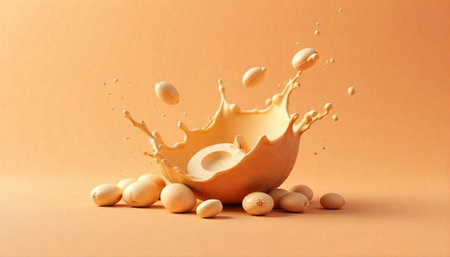 Peanuts and splash of peanut butter on orange backgroundの写真素材
