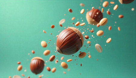 Hazelnuts and other nuts floating against a vibrant background
