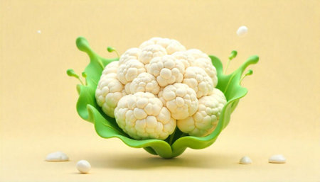 Stylized Cauliflower Head Surrounded by Green Leaves on Yellowの写真素材