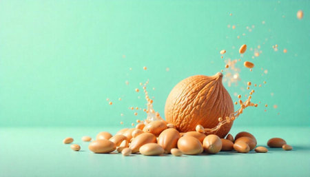 Walnut and almonds with a splash on light background