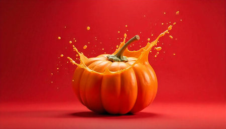Pumpkin with juice splash on red background for holidayの写真素材