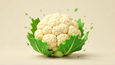 Fresh cauliflower with green leaves on a beige backgroundの写真素材