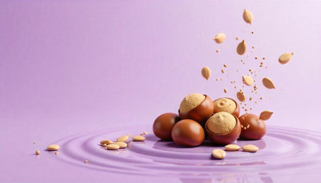 Stylized shea nuts and seeds against a lavender backgroundの写真素材