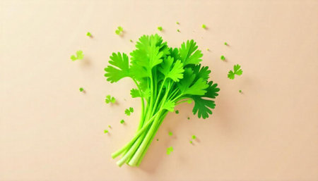 Fresh bright green cilantro bunch on a pastel background