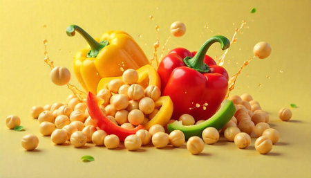 Colorful peppers with chickpeas and juice in a studio