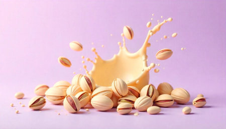 Pistachio Nuts with Milk Splash on a Violet Backgroundの写真素材