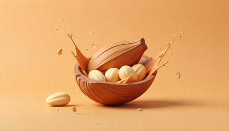 Elegant chocolate easter eggs in a rustic wooden bowlの写真素材