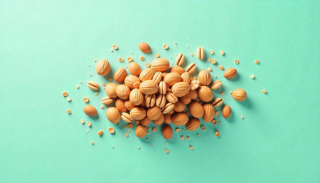 Pile of stylized seeds on a light green background