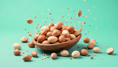 Pile of nuts in bowl on teal background, some fallingの写真素材