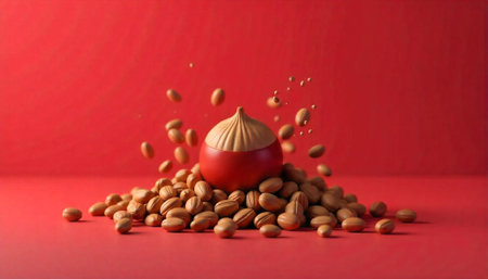 Peeled chestnuts still life concept with red background