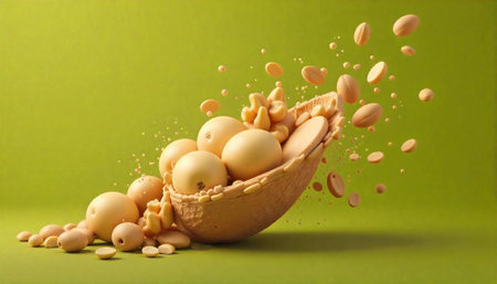 Abstract nuts and spheres inside a textured bowl