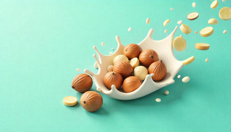 Hazelnuts and lemon slices falling into splash of milk