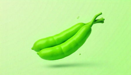 Two vibrant green chili peppers floating on a light backdropの写真素材