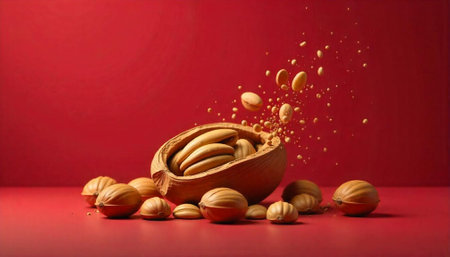 Arrangement of whole walnuts in a shell against red backdrop