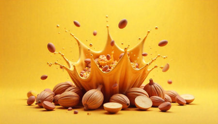 Almonds and liquid explosion on yellow background stock image