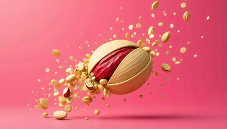 Exploding pistachio with nuts on a bright pink background