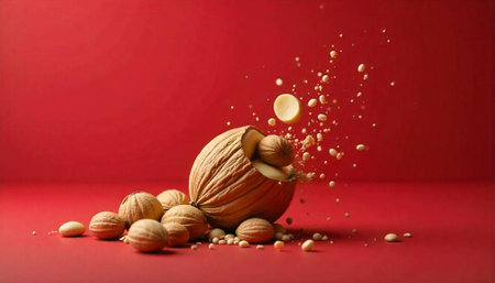 Walnuts with filling on a rich red background displayの写真素材