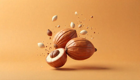 Artistic cocoa fruit display on tan backdrop studio shotの写真素材