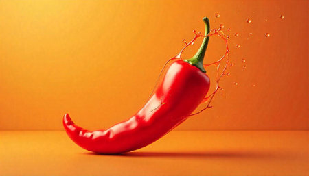 Vibrant red chili pepper with splashing liquid on surfaceの写真素材