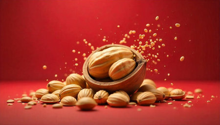 Collection of nuts in a wooden bowl on red backdrop