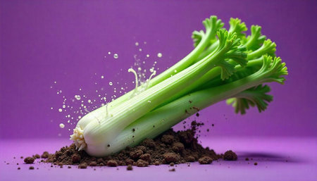 Fresh green celery resting on soil with splash droplets