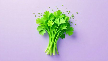 Fresh Parsley Bunch on Light Purple Seamless Backgroundの写真素材