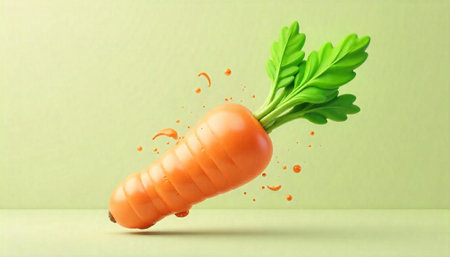 Stylized 3D Carrot with Orange Splashes on Light Green Backgroundの写真素材